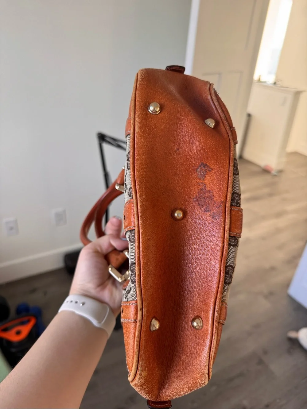 Gucci Tan/Brown GG Canvas Satchel with Orange-Tan Leather Trim